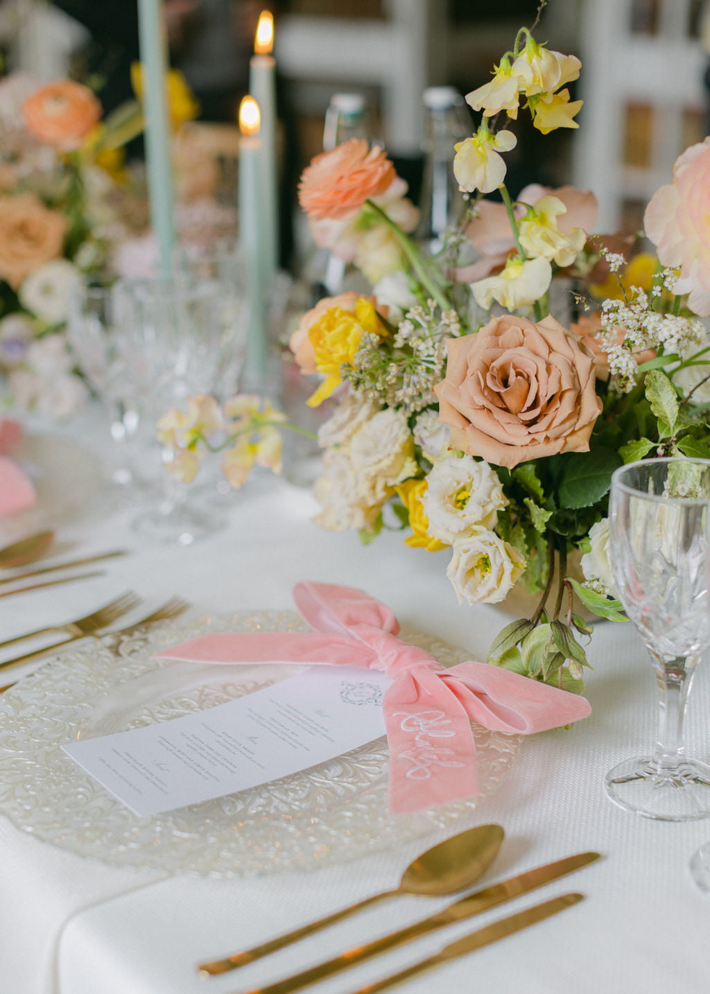 pastel coloured table setting.